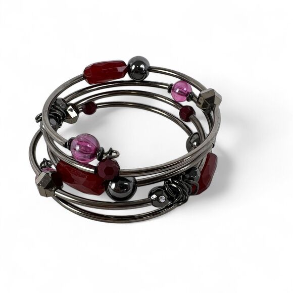 Bracelet Lot 6 Wire Coil Wrap Beaded Iridescent Colorful Charms Rhinestones - Picture 10 of 13